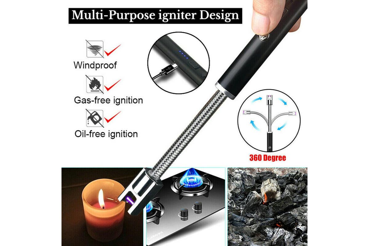 Electric Flameless USB Lighter BBQ Windproof Kitchen Candle Rechargeable Black