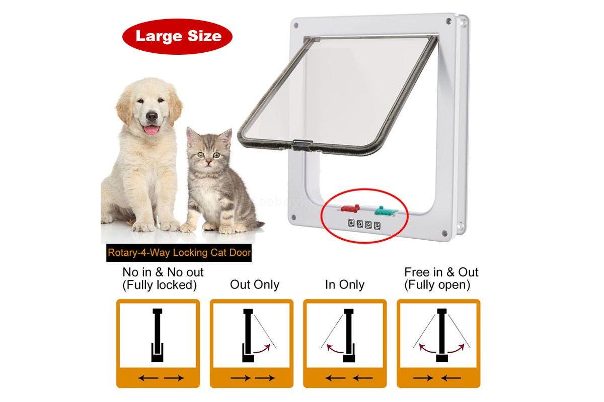 4-Way Lockable Locking Pet Cat Dog Brushy Flap Door Screen White Large L Size