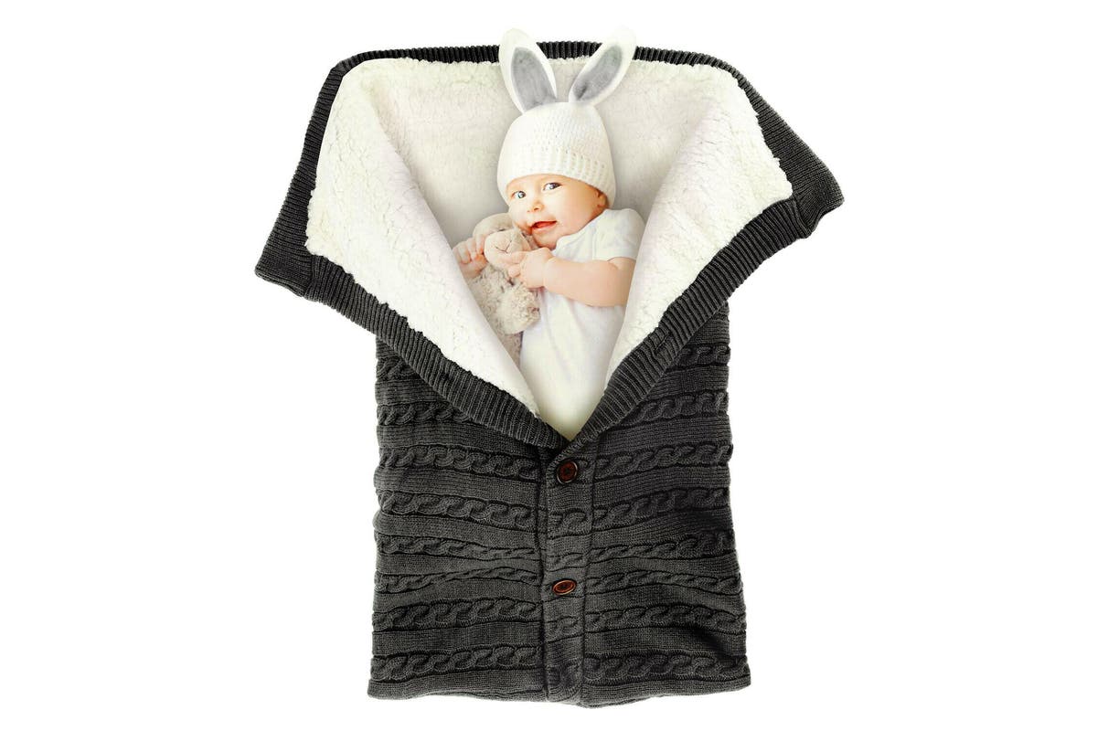 Baby Hooded Swaddle Knit Wrap Blanket Warm Pram Pushchair Stroller Sleeping Bag, Dark Grey