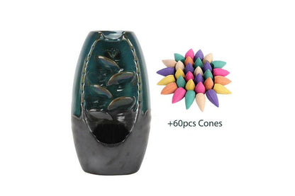 Backflow Ceramic Mountain Waterfall Smoke Incense Burner Cones Holder 60 Cone