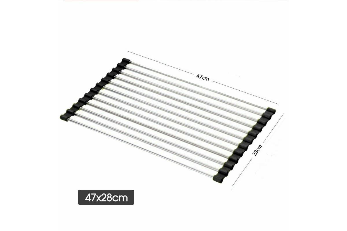 Dish Rack Drying Drainer Over Sink Stainless Steel Rack Roll Up Foldable Kitchen, 47x28cm