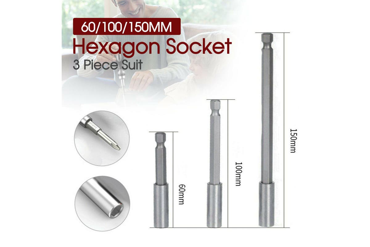 3-Piece Hex Shank Magnetic Screwdriver Extension Socket Drill Bit Holder 6.35MM