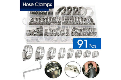 91X Stainless Steel Hose Clamps Clips Adjustable Range Worm Gear Pipe Clamp Kit