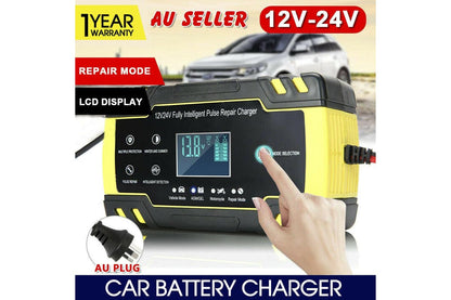 Car Battery Charger 12V/24V LCD Smart Battery Repair Boat Caravan Truck RED