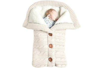 Baby Hooded Swaddle Knit Wrap Blanket Warm Pram Pushchair Stroller Sleeping Bag, White