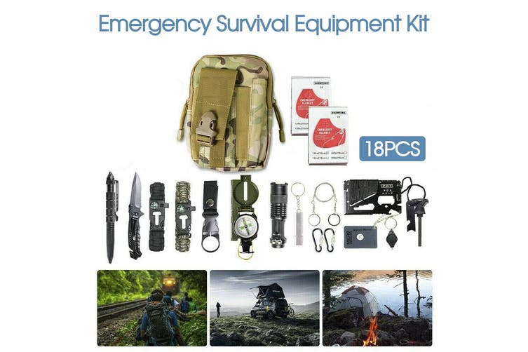 18Pcs Emergency Survival Equipment Kit Outdoor Tactical Hiking Camping SOS Tool