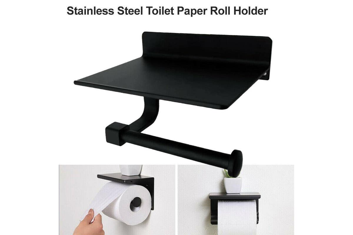 Toilet Paper Roll Stainless Steel Holder Storage + Phone Shelf Bathroom Washroom