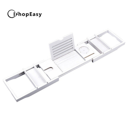 Ishopeasy Expandable Bathtub Caddy Tray Bamboo Bath Table Over Tub with Wine & Book Holder