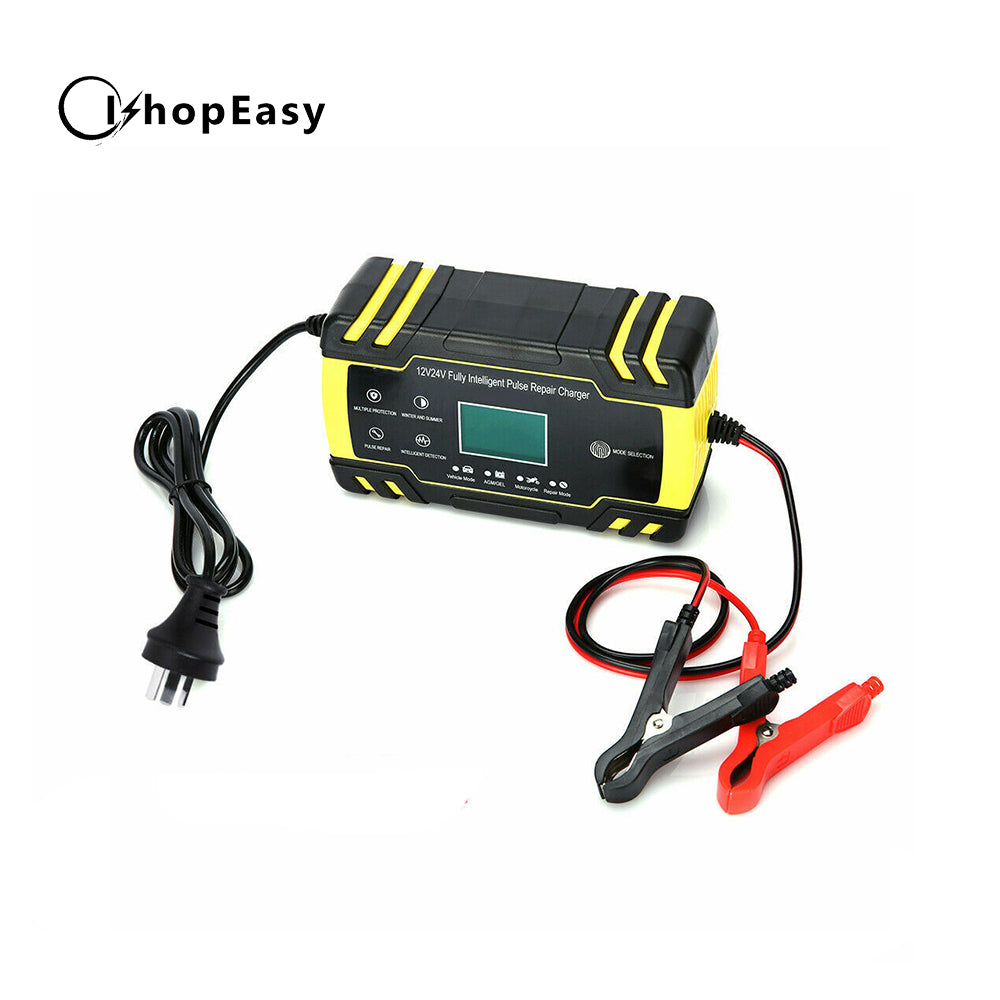 Car Battery Charger 12V/24V LCD Smart Battery Repair Boat Caravan Truck RED