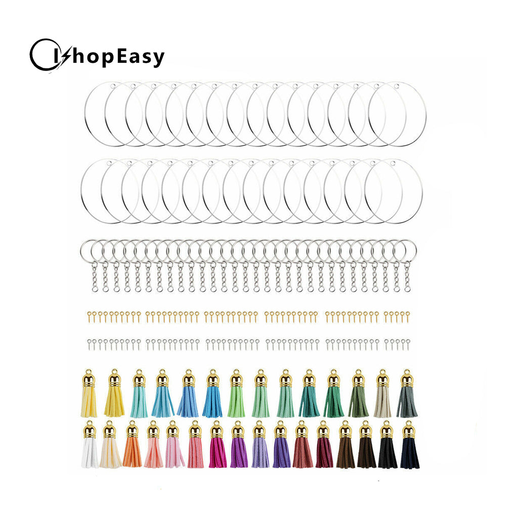 200x Keyring Clear Acrylic Circle Discs Keychain Blanks Tassel Pendants DIY Kit