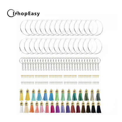 200x Keyring Clear Acrylic Circle Discs Keychain Blanks Tassel Pendants DIY Kit