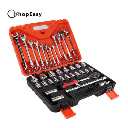 Ishopeasy 37x Combination Spanner Set Portable Impact Socket Set Socket Wrench Ratchet Set