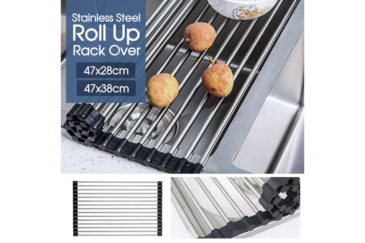 Dish Rack Drying Drainer Over Sink Stainless Steel Rack Roll Up Foldable Kitchen, 47x28cm