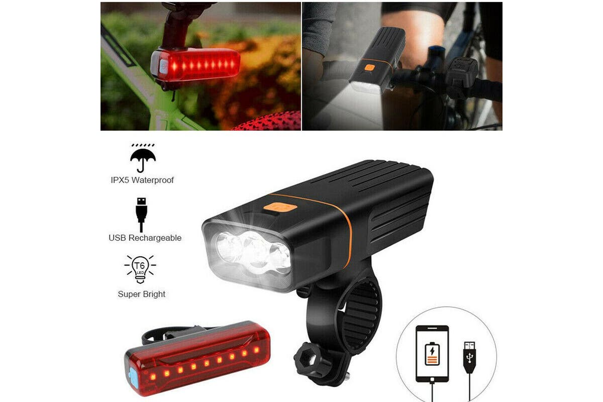 Rechargeable T6 LED Bicycle Bike Lights USB Front Rear Headlight Tail Light Set