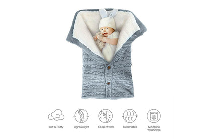 Baby Hooded Swaddle Knit Wrap Blanket Warm Pram Pushchair Stroller Sleeping Bag, Grey