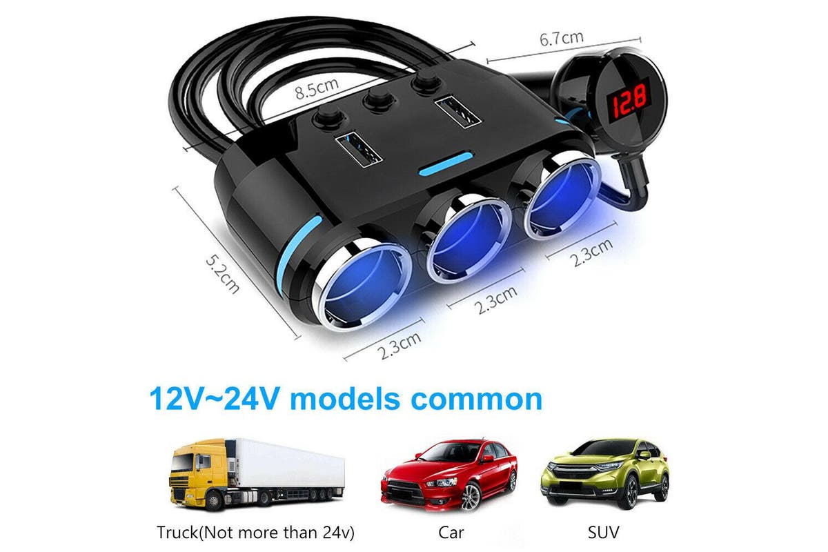 1x 3 Way 12V Multi Socket Car Lighter Splitter Dual USB Charger Adapter