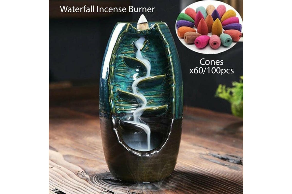 Backflow Ceramic Mountain Waterfall Smoke Incense Burner Cones Holder 60 Cone