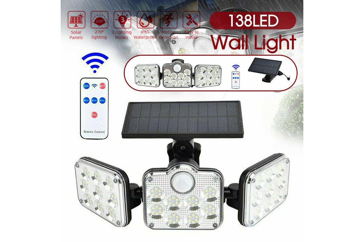 3 Head Solar Motion Sensor Light Outdoor Garden Wall Security Flood Lamp 138 LED (Separate Type)