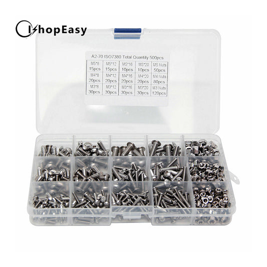 M3 M4 M5 304 500pc Stainless Steel Hex Socket Button Head Bolts Screws Nuts Kit