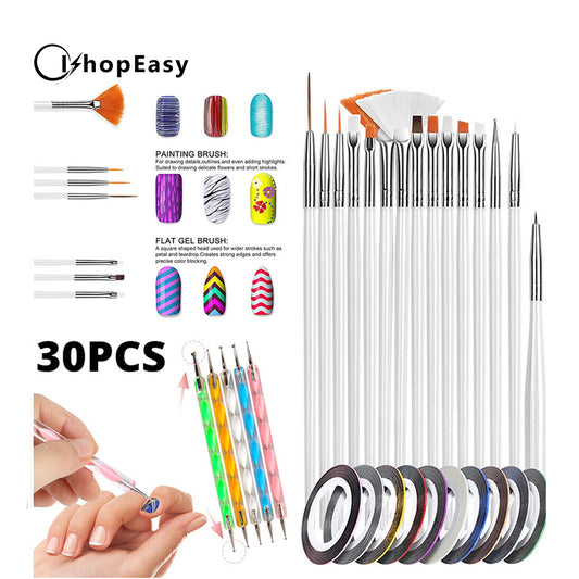 30xNail Art Painting Design Brushes Dotting Drawing Polish Pen Kit Striping Tape