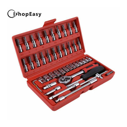 46pcs Socket Wrench Set CRV 1/4 Inch Drive Metric Flexiable Extension Bar Truck Case