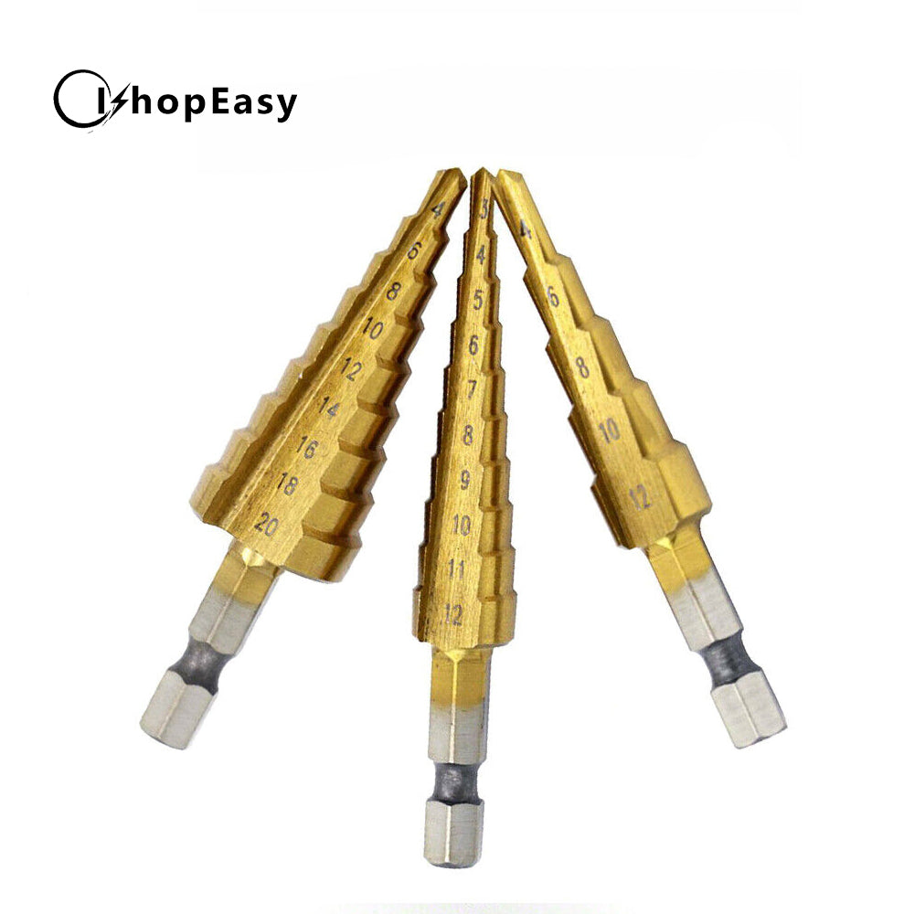 3pcs HSS Steel Step Cone Drill 3-12/4-12/4-20mm Titanium Bit Set Hole Cutter