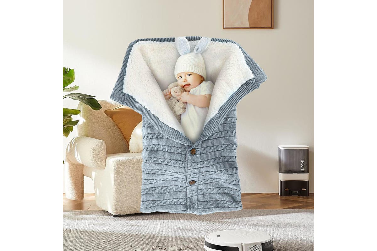 Baby Hooded Swaddle Knit Wrap Blanket Warm Pram Pushchair Stroller Sleeping Bag, Grey