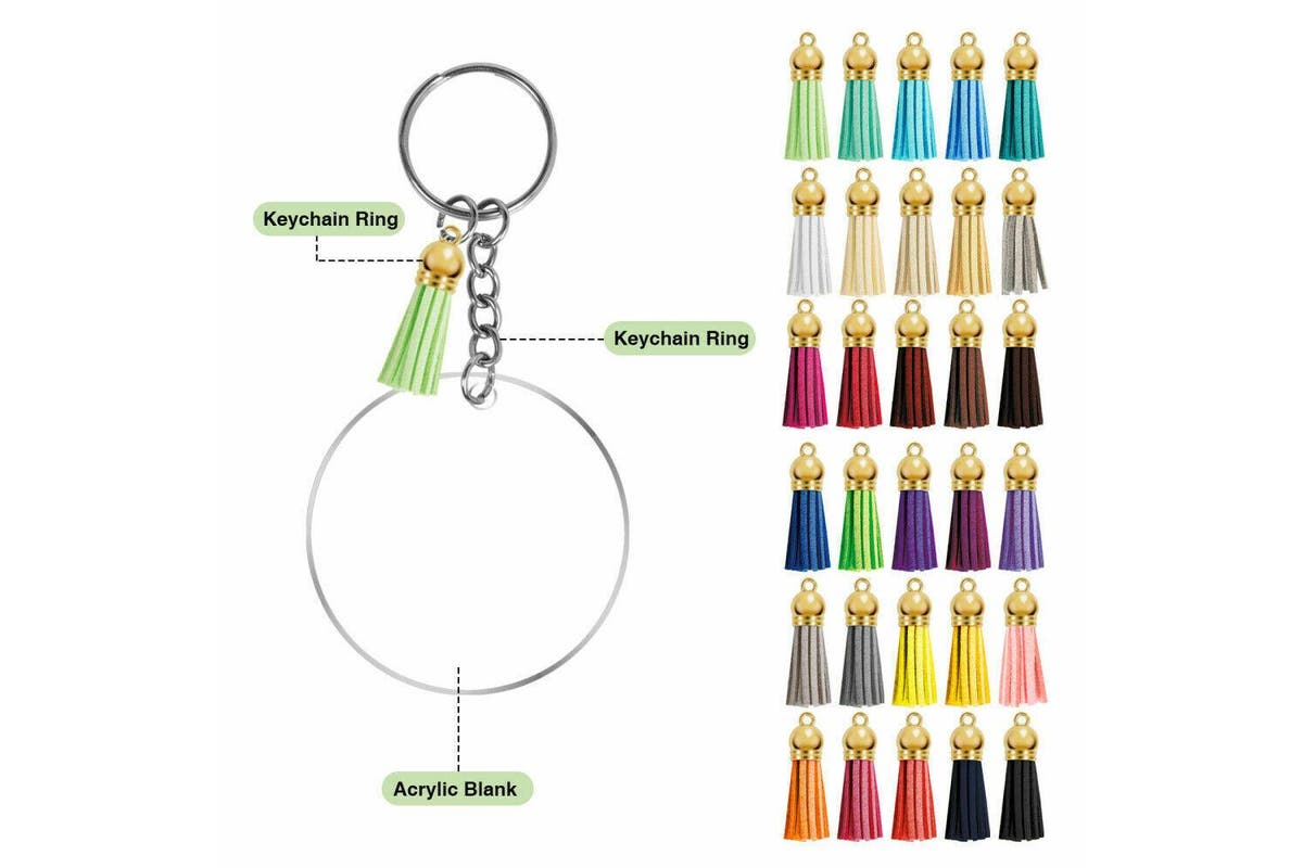 200x Keyring Clear Acrylic Circle Discs Keychain Blanks Tassel Pendants DIY Kit