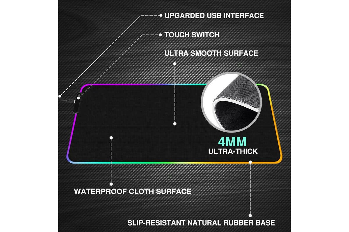 RGB LED Gaming Mouse Pad Desk Mat Extend Anti-slip Rubber Speed Mousepad Size 80cm x 30cm Black with 7 Colour LED