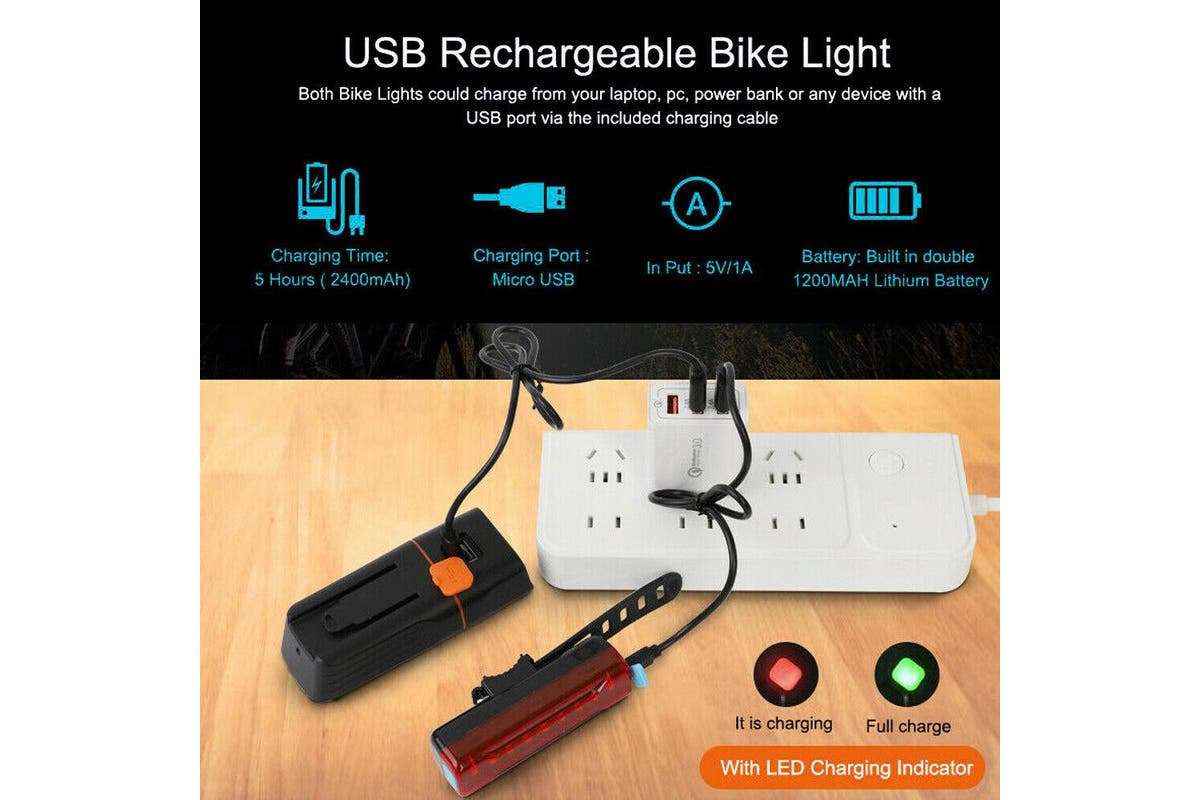 Rechargeable T6 LED Bicycle Bike Lights USB Front Rear Headlight Tail Light Set