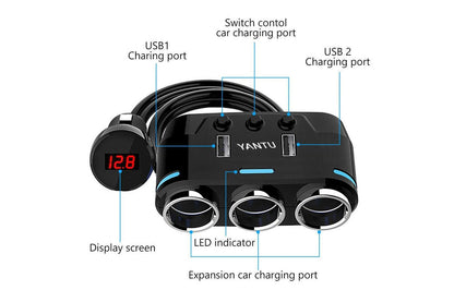 1x 3 Way 12V Multi Socket Car Lighter Splitter Dual USB Charger Adapter