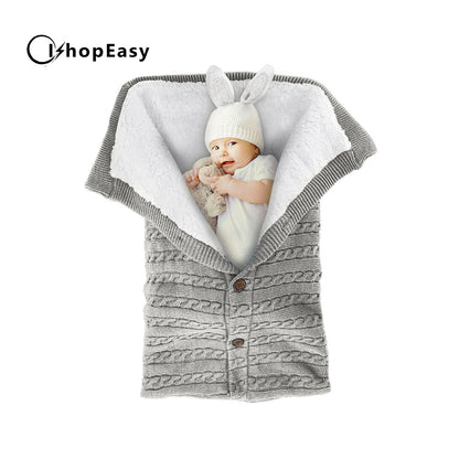 Baby Hooded Swaddle Knit Wrap Blanket Warm Pram Pushchair Stroller Sleeping Bag, Grey