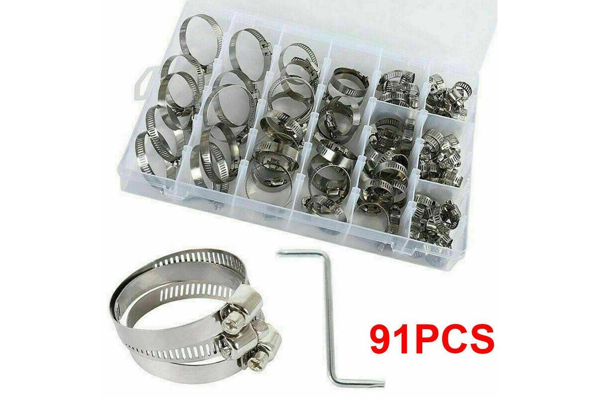 91X Stainless Steel Hose Clamps Clips Adjustable Range Worm Gear Pipe Clamp Kit