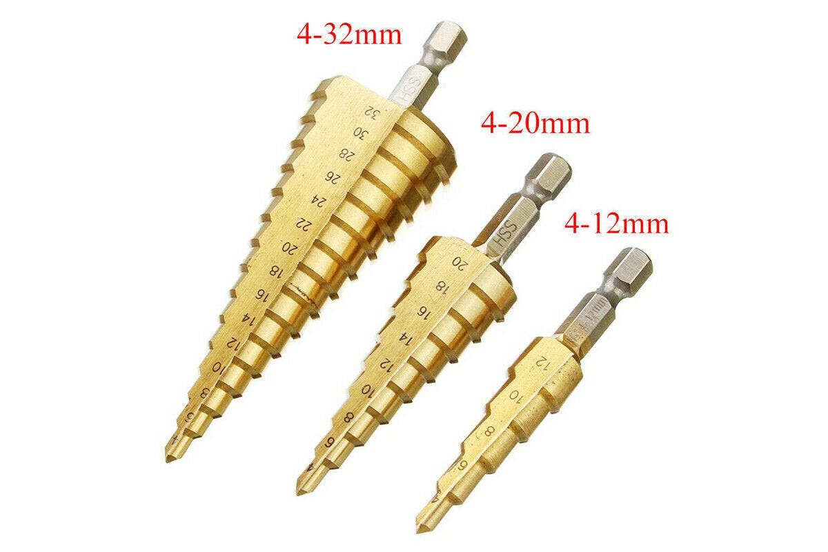 3PCS Large HSS Steel Step Cone Drill Titanium Bit Set