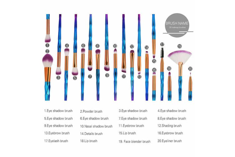 Diamond Unicorn 20PCS Eyeshadow Eyebrow Blending Brush Set Eye Make-up Brushes, Purple Blue