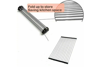 Dish Rack Drying Drainer Over Sink Stainless Steel Rack Roll Up Foldable Kitchen, 47x28cm