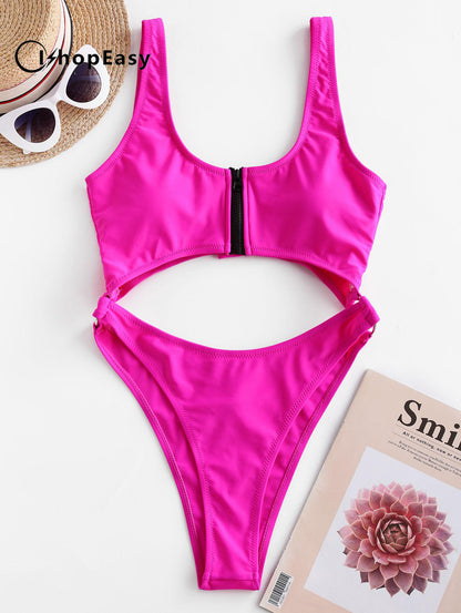 Neon Zip Cutout O-ring High Cut Swimsuit - Dimorphotheca Magenta S