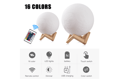 3D Lunar Moon Lamp Dimmable Moonlight LED Night Light Touch Pat Remote 18cm