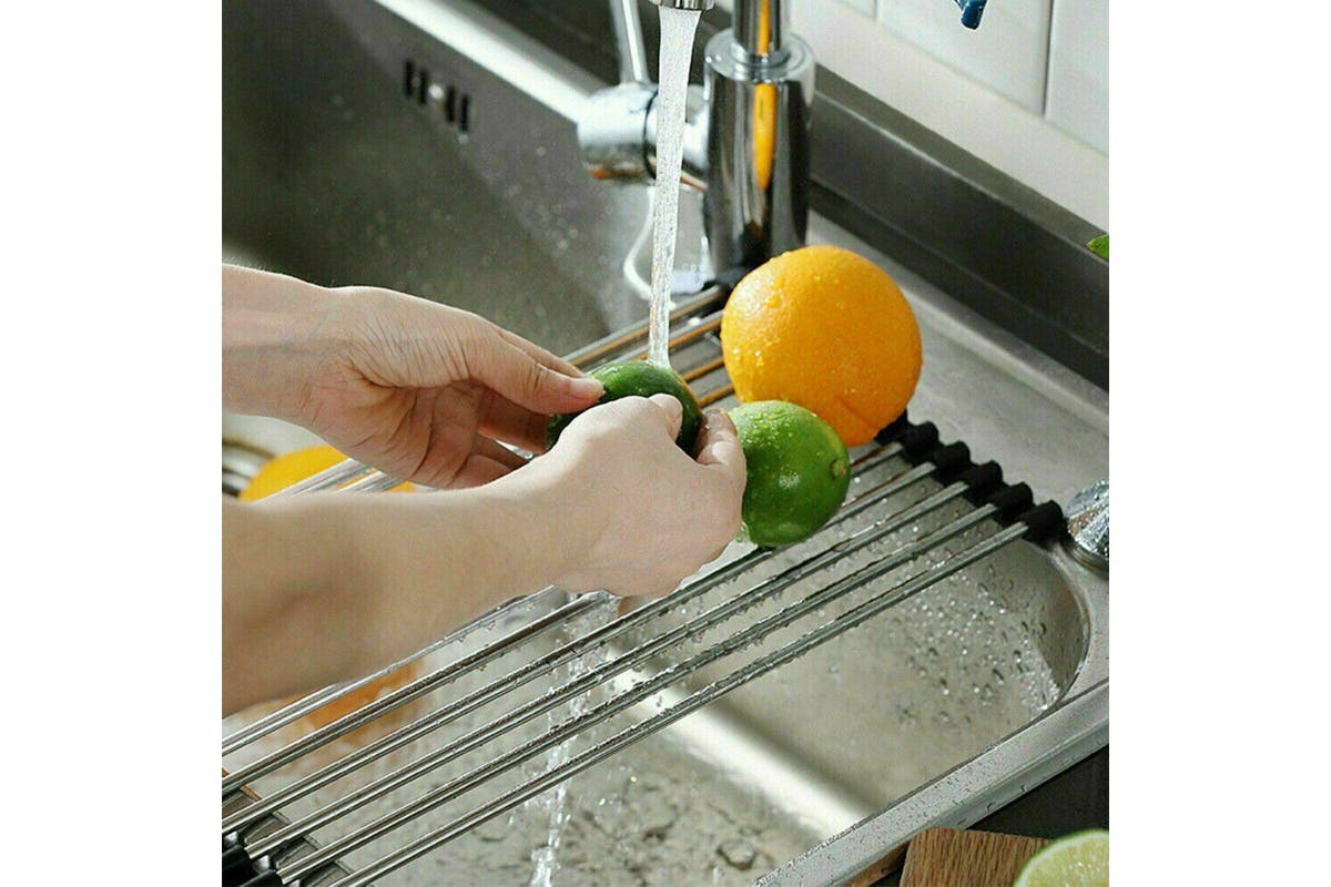 Dish Rack Drying Drainer Over Sink Stainless Steel Rack Roll Up Foldable Kitchen, 47x28cm