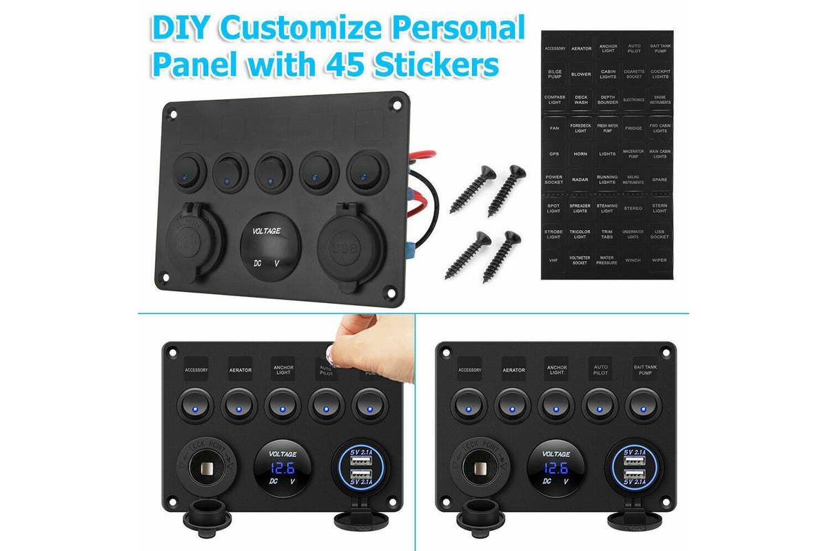 5 Gang 12V Switch Panel ON-OFF Toggle 2 USB for Car Boat Marine RV Truck Camper