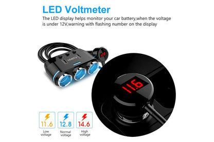 1x 3 Way 12V Multi Socket Car Lighter Splitter Dual USB Charger Adapter