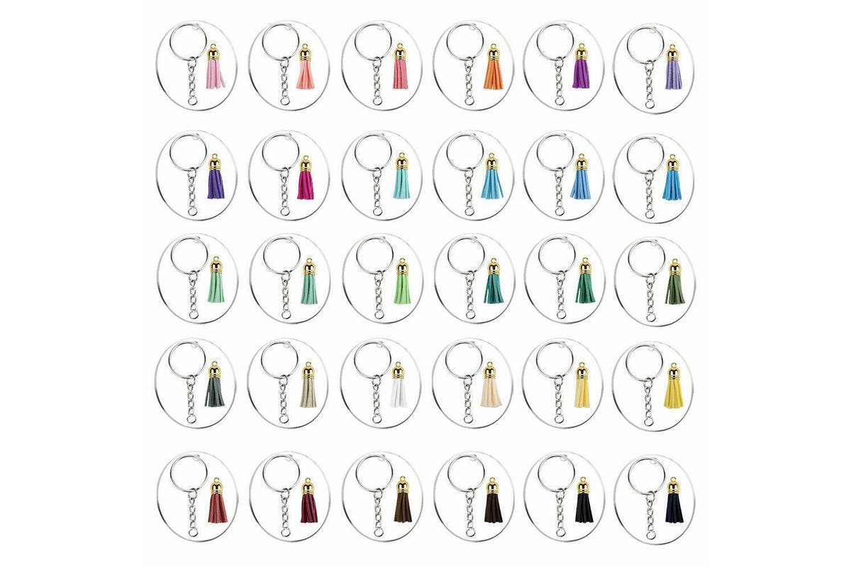 200x Keyring Clear Acrylic Circle Discs Keychain Blanks Tassel Pendants DIY Kit