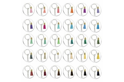 200x Keyring Clear Acrylic Circle Discs Keychain Blanks Tassel Pendants DIY Kit