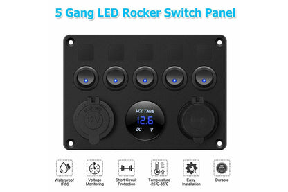 5 Gang 12V Switch Panel ON-OFF Toggle 2 USB for Car Boat Marine RV Truck Camper