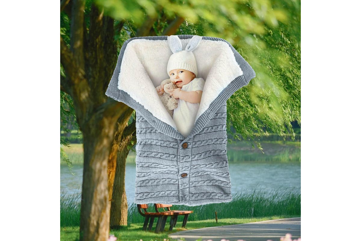 Baby Hooded Swaddle Knit Wrap Blanket Warm Pram Pushchair Stroller Sleeping Bag, Grey