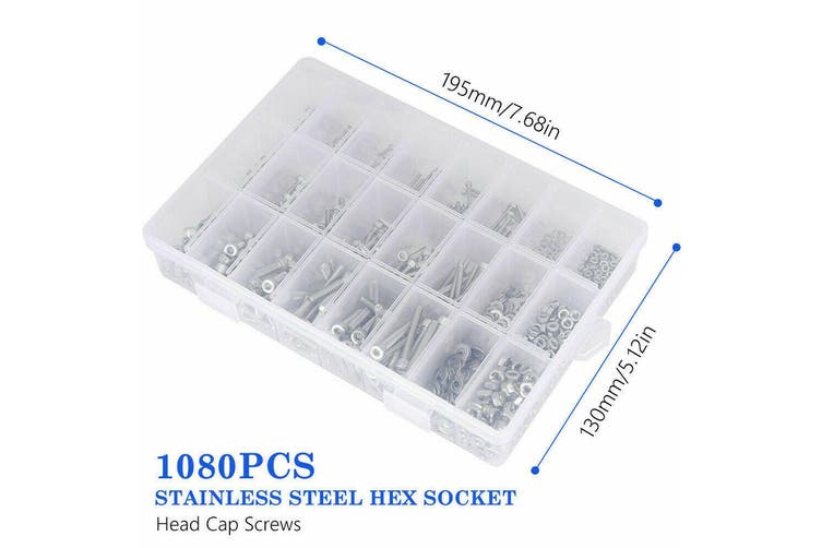 1080pcs M2/M3/M4 Stainless Steel Bolts Nuts Screws Hex Head Assorted Kit Set