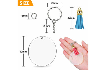 200x Keyring Clear Acrylic Circle Discs Keychain Blanks Tassel Pendants DIY Kit