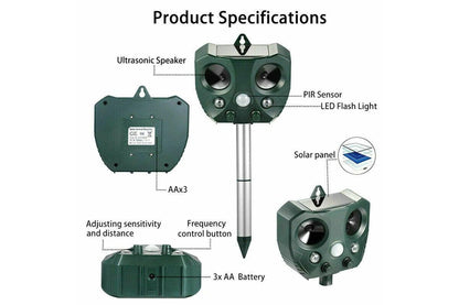 Solar Ultrasonic Animal & Pets Repeller Motion Sensor Bird Rat Possum Repellent