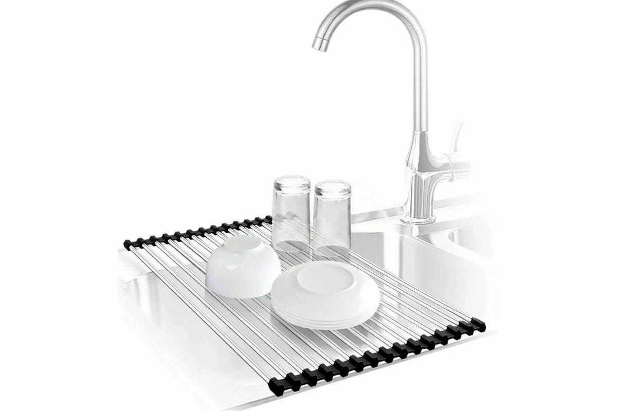 Dish Rack Drying Drainer Over Sink Stainless Steel Rack Roll Up Foldable Kitchen, 47x28cm