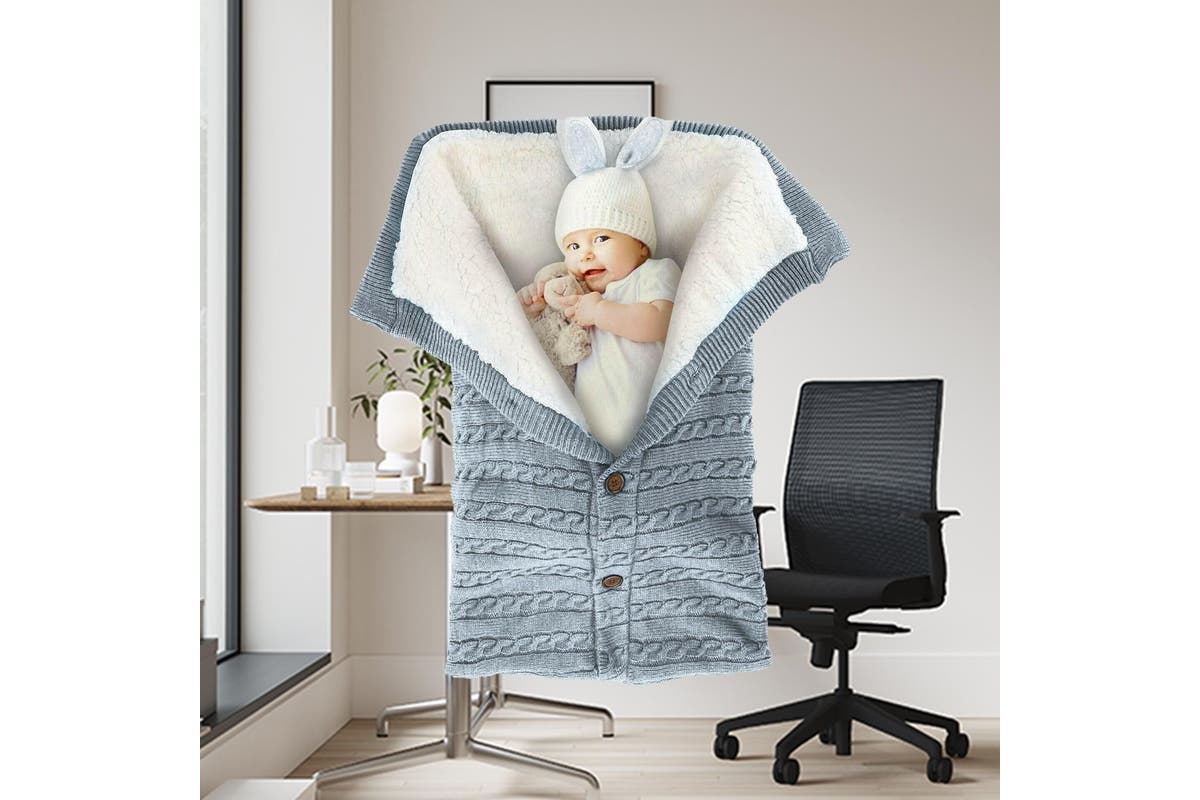 Baby Hooded Swaddle Knit Wrap Blanket Warm Pram Pushchair Stroller Sleeping Bag, Grey